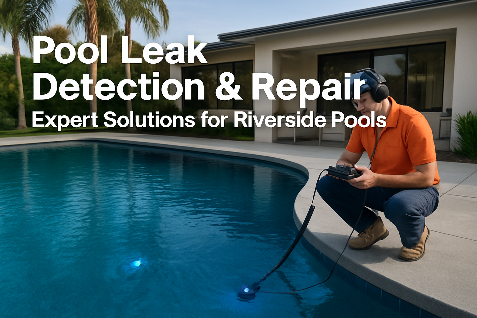 Professional landscape hero image (1536x1024) featuring bold text overlay 'Pool Leak Detection & Repair: Expert Solutions for Riverside Pool