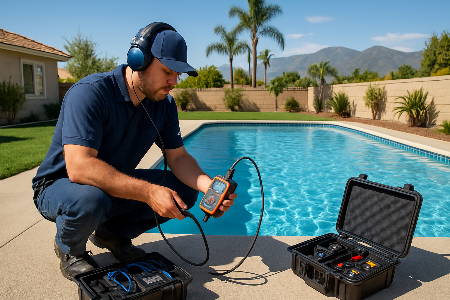 Professional pool technician in Riverside backyard using advanced electronic leak detection equipment including hydrophone and pressure test