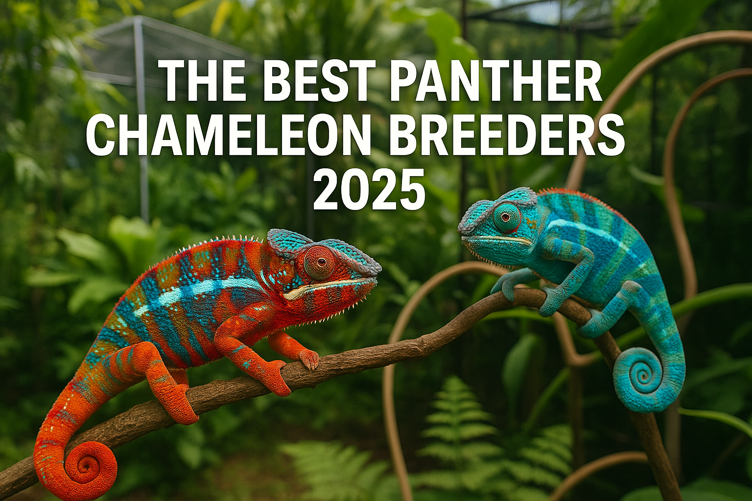 Professional landscape hero image (1536x1024) featuring vibrant panther chameleons in natural Madagascar habitat with bold text overlay 'The