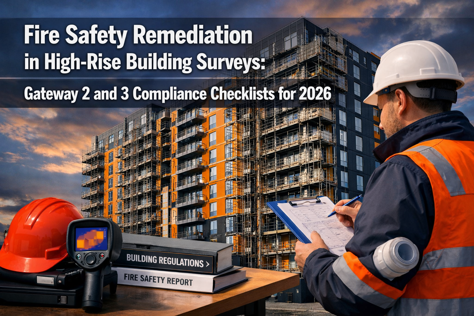 Professional () hero image with 'Fire Safety Remediation in High-Rise Building Surveys: Gateway 2 and 3 Compliance