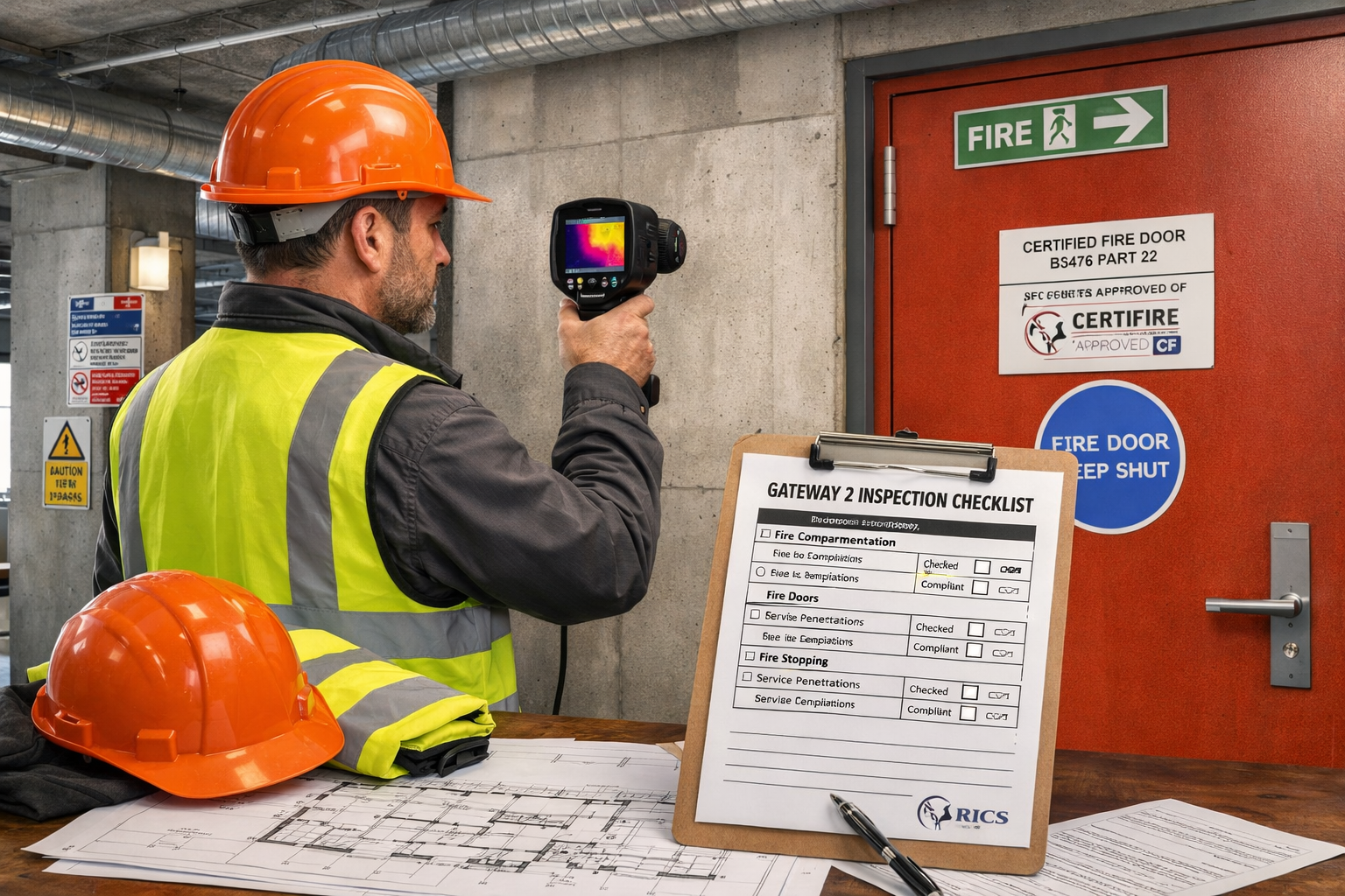 Detailed () image showing professional surveyor conducting Gateway 2 compliance inspection inside high-rise building,