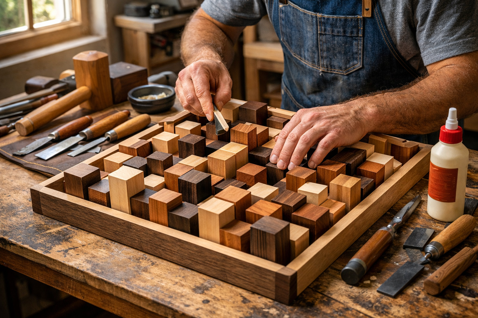 Detailed () image illustrating a woodworking enthusiast meticulously assembling a quadratic residue diffuser (QRD) panel.