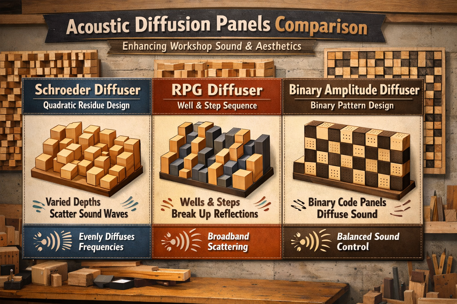 Detailed () image featuring a vibrant infographic comparing different acoustic diffusion panel designs. The infographic