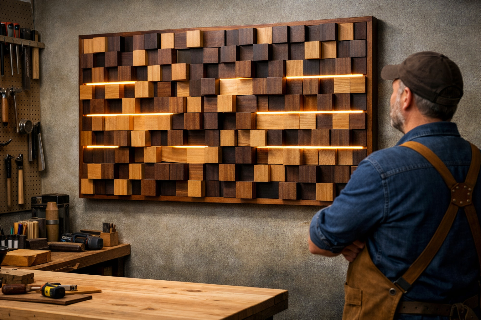 Detailed () image presenting a finished, aesthetically pleasing wooden acoustic diffusion panel mounted on a workshop wall.