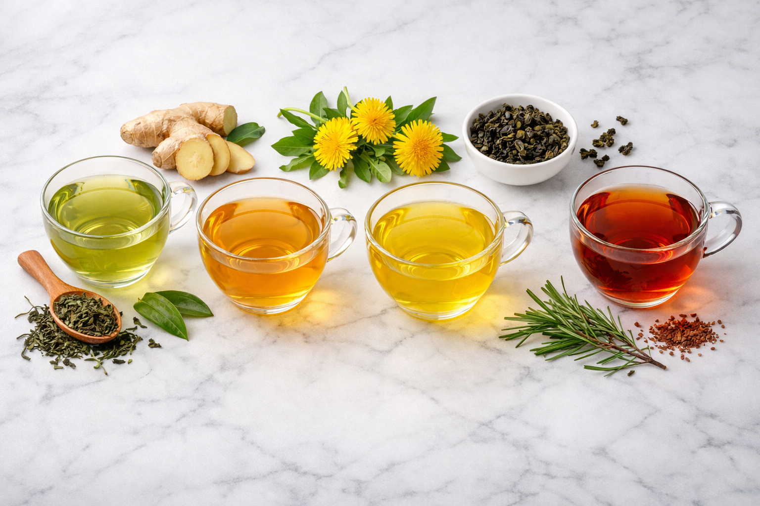 Professional flat-lay hero image: five distinct detox teas in elegant glass cups arranged in a semi-circle on a white marble