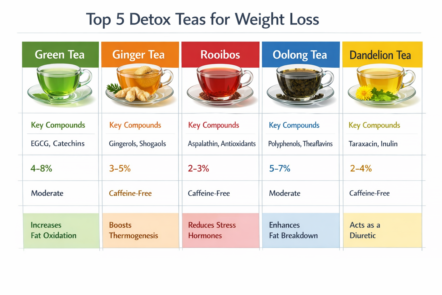 Detailed scientific infographic comparing the 5 best detox teas for weight loss: side-by-side chart showing green tea,