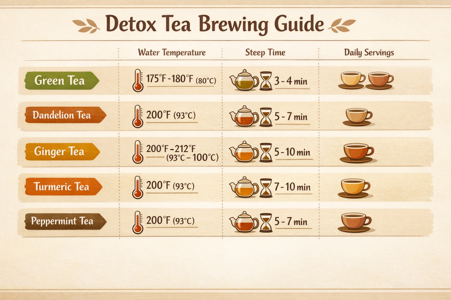 Step-by-step visual brewing guide infographic: optimal water temperature, steeping time, and recommended daily servings for