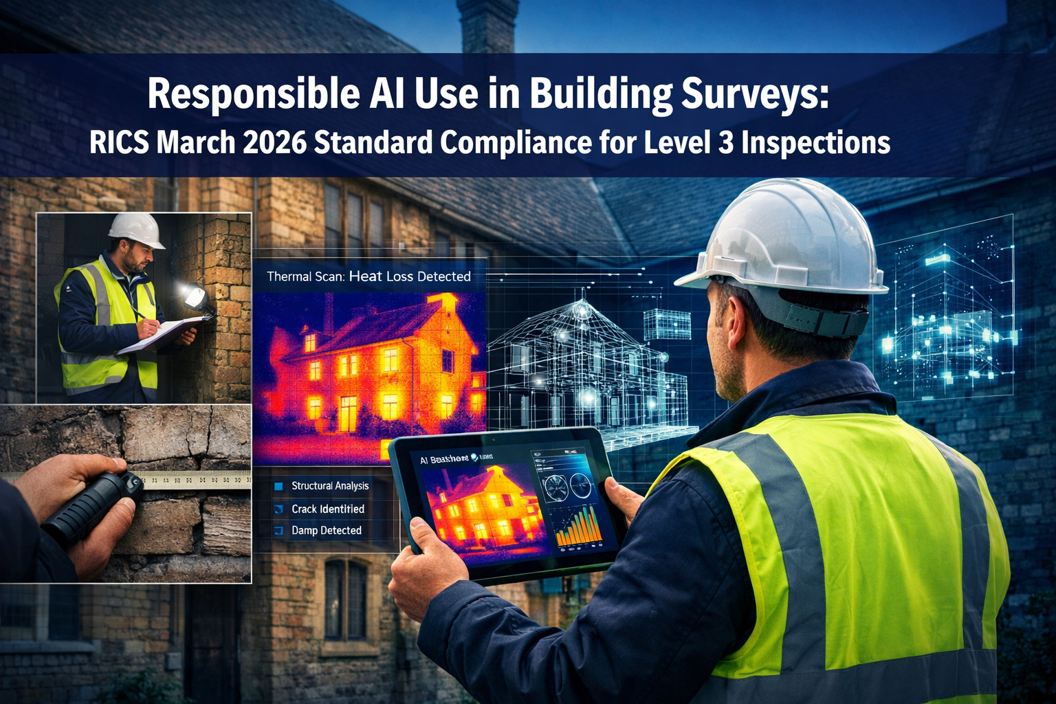 Professional () hero image with 'Responsible AI Use in Building Surveys: RICS March 2026 Standard Compliance for Level 3