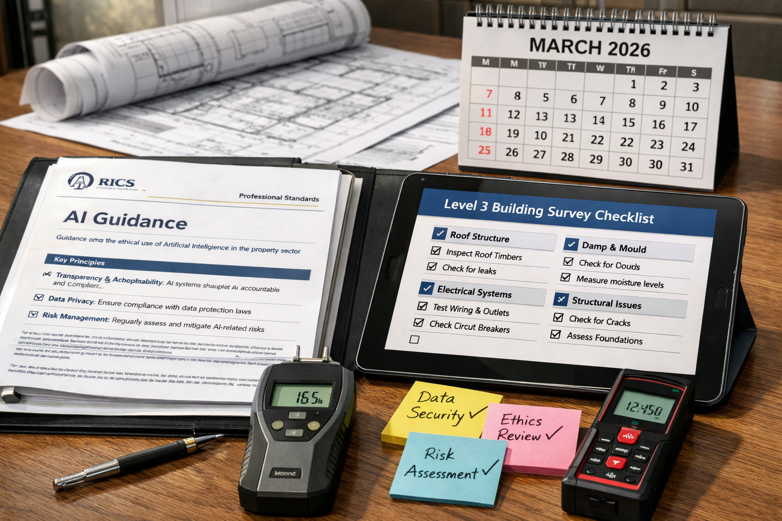 Detailed () image showing close-up of RICS professional standards document opened to AI guidance section on desk, with