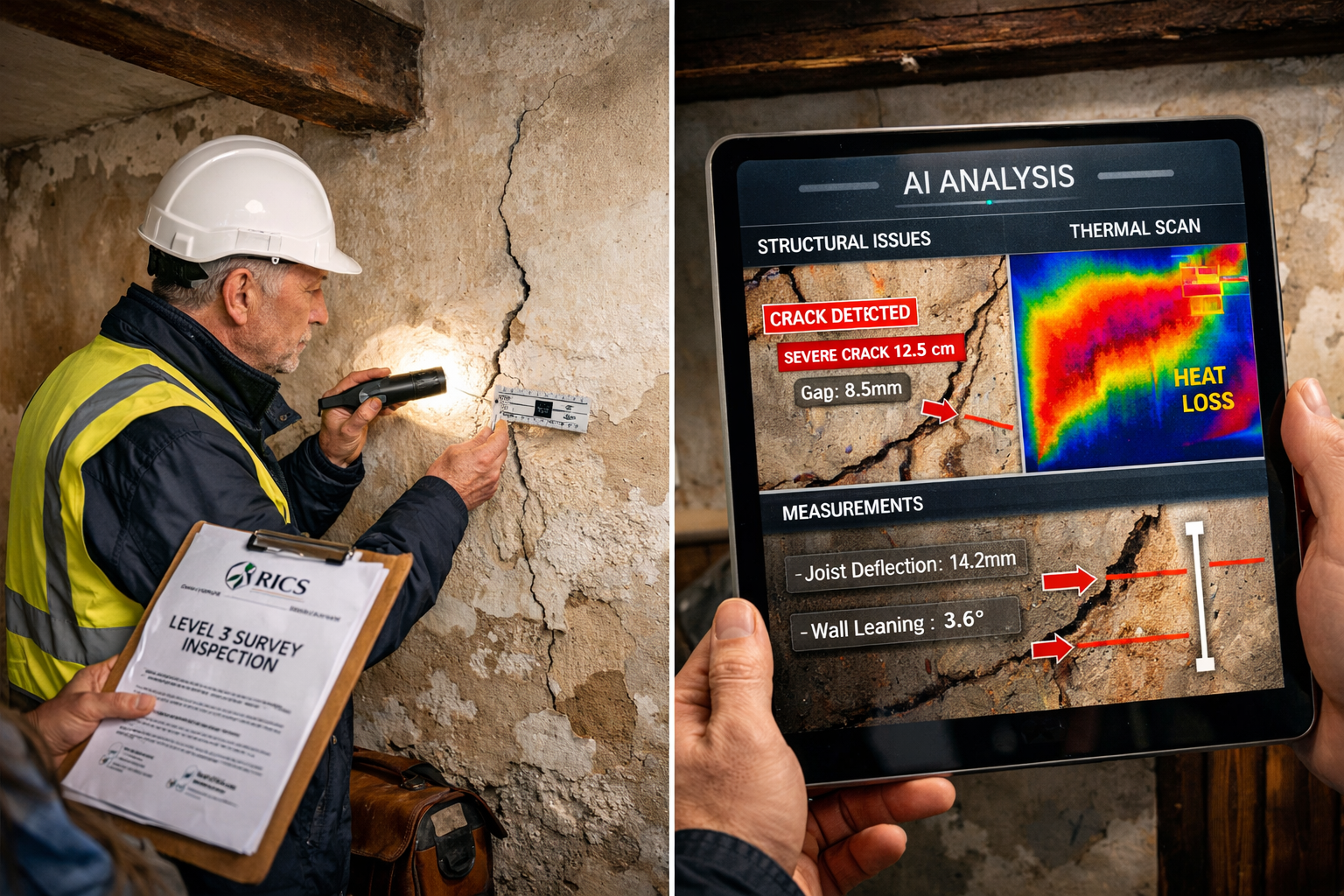 Wide-angle () image of building surveyor conducting Level 3 inspection inside period property showing AI-assisted defect