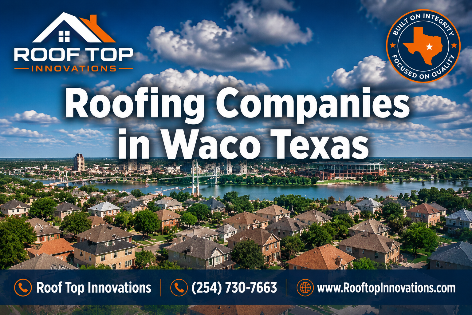 Professional () hero image with : 'Roofing Companies in Waco Texas' in extra large white with dark drop , centered in upper