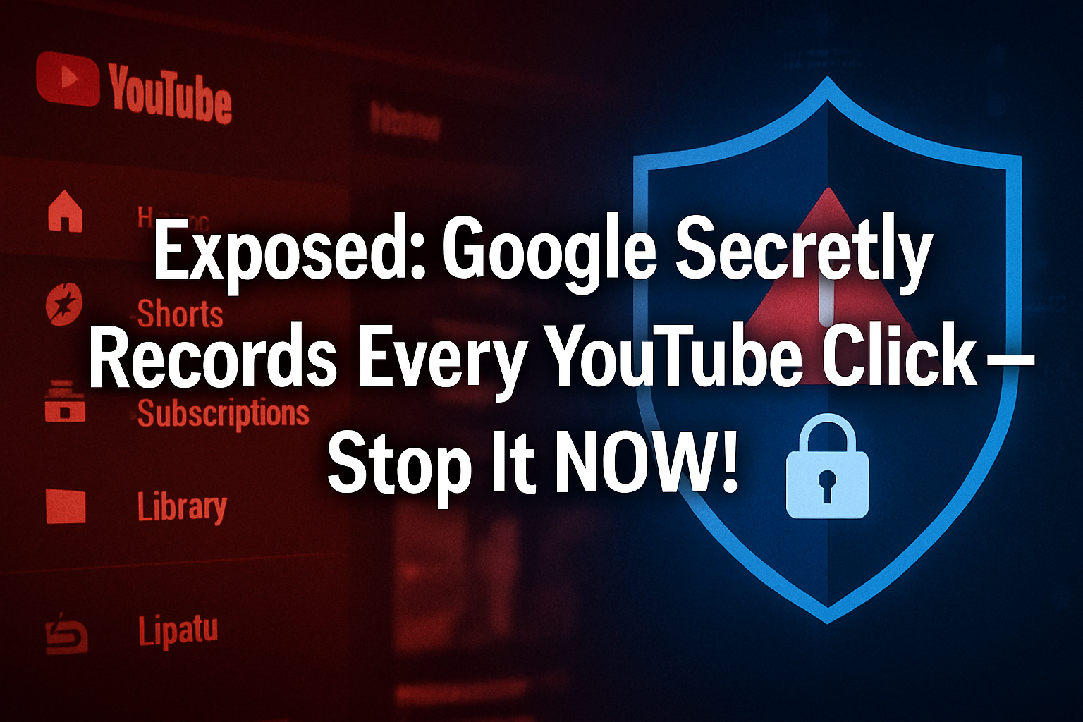 Professional landscape hero image (1536x1024) featuring bold text overlay 'Exposed: Google Secretly Records Every YouTube Click &mdash; Stop It NO