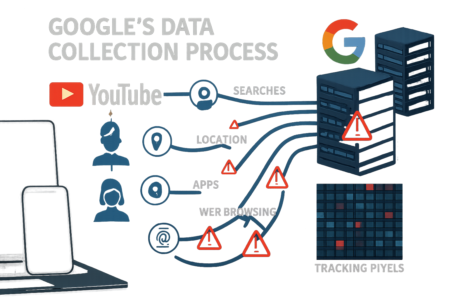 Detailed infographic showing Google's data collection process with YouTube logo, user silhouettes, data streams flowing to Google servers, p