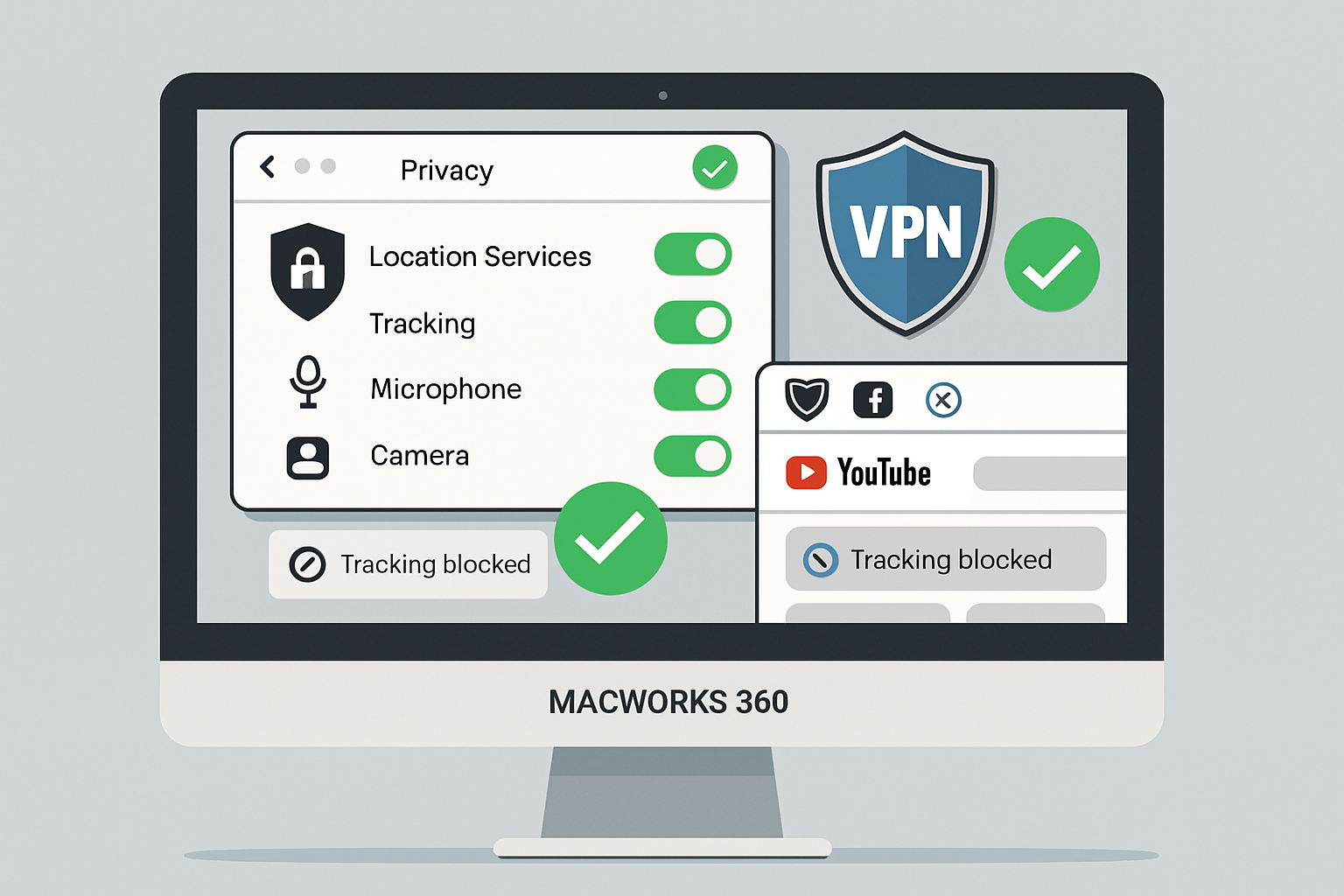 Professional illustration of privacy protection setup showing Mac computer screen with privacy settings, VPN shield icon, browser privacy ex