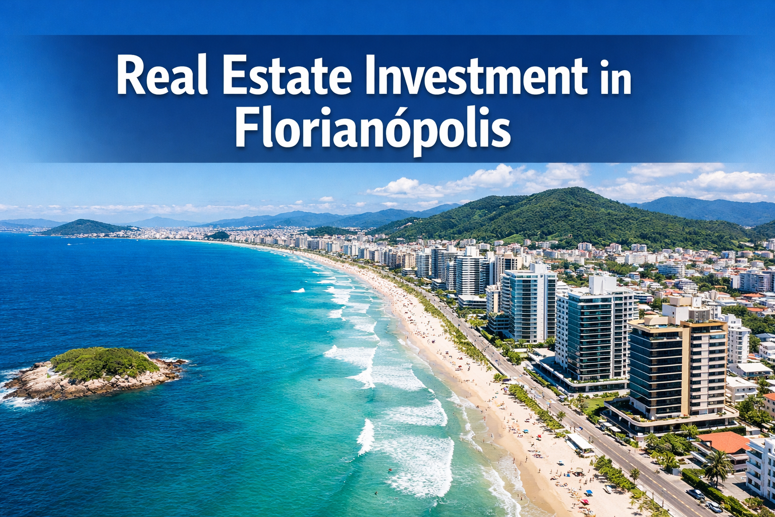 Professional landscape hero image (1536x1024) featuring bold text overlay 'Real Estate Investment in Florianópolis' in extra large 72pt whit