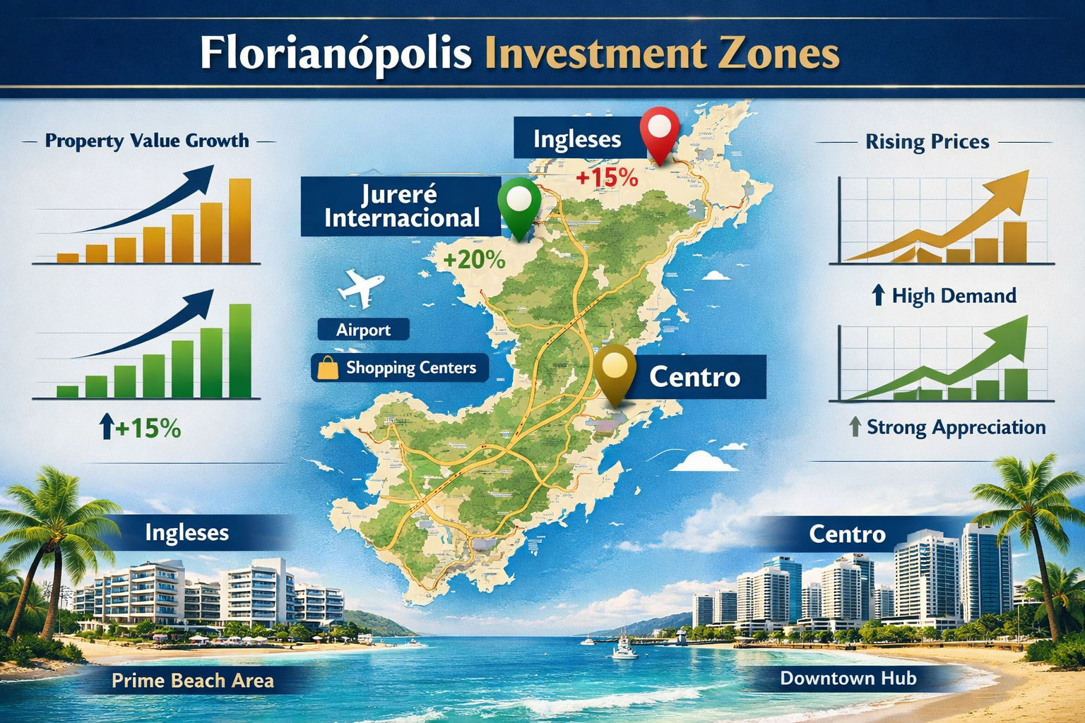 Detailed landscape infographic (1536x1024) showing Florianópolis map with highlighted investment zones including Ingleses, Jurerê Internacio