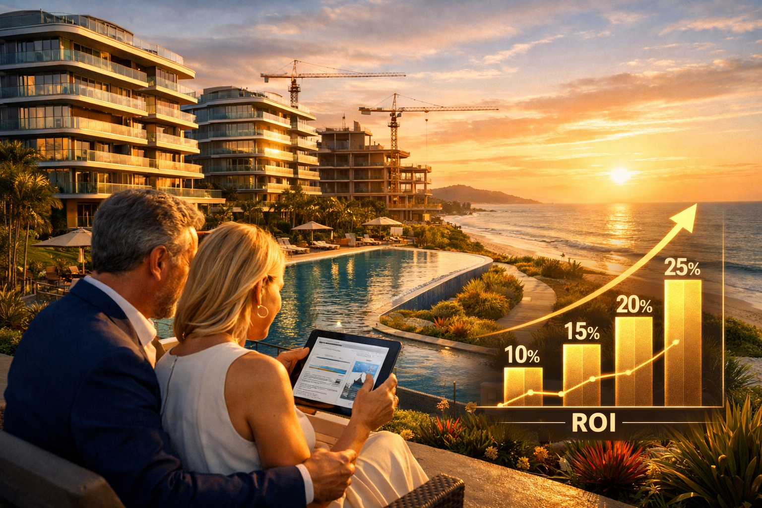 Professional landscape photograph (1536x1024) depicting modern luxury beachfront condominium development in Florianópolis with contemporary 