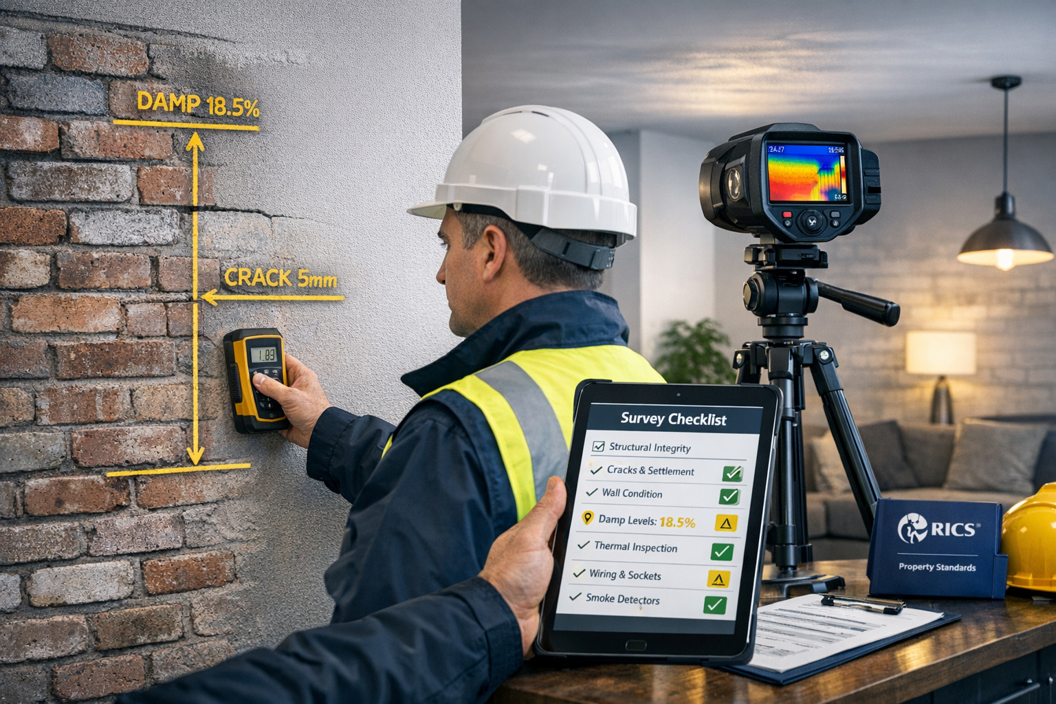 Detailed () image showing professional chartered surveyor conducting comprehensive structural assessment inside modern