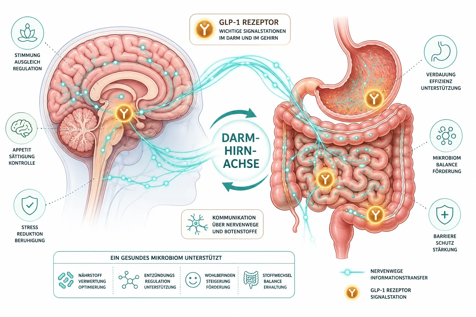 GLP-1-Agonisten und psychische Gesundheit: Der Einfluss auf Angstzustände, Depressionen und Essstörungen Bright editorial infographic-style illustration (): cross-section diagram of a human brain and digestive system connected by