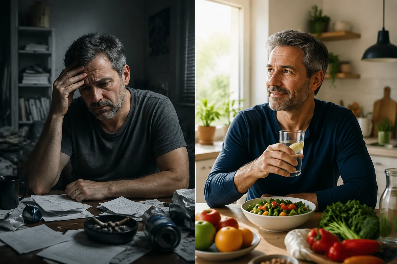 GLP-1-Agonisten und psychische Gesundheit: Der Einfluss auf Angstzustände, Depressionen und Essstörungen Editorial split-screen photography (): left half shows a middle-aged man looking anxious and fatigued, sitting alone in a