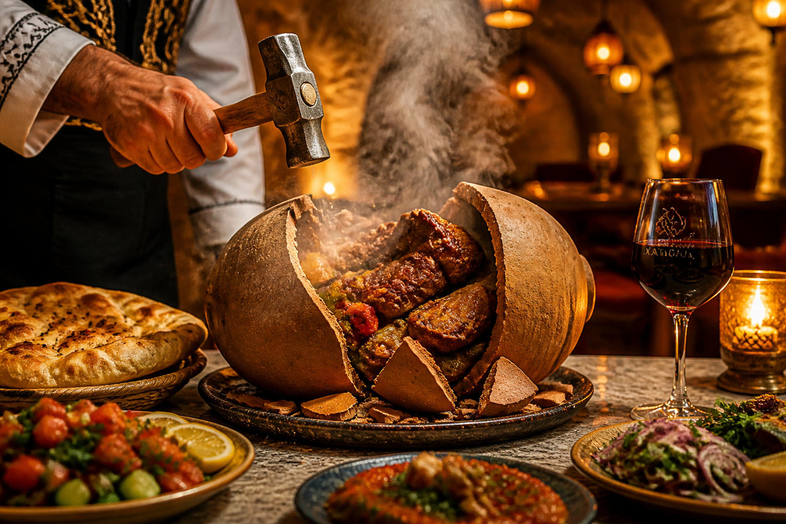 Detailed () image of a traditional testi kebab pottery pot being dramatically cracked open at a restaurant table by a chef's