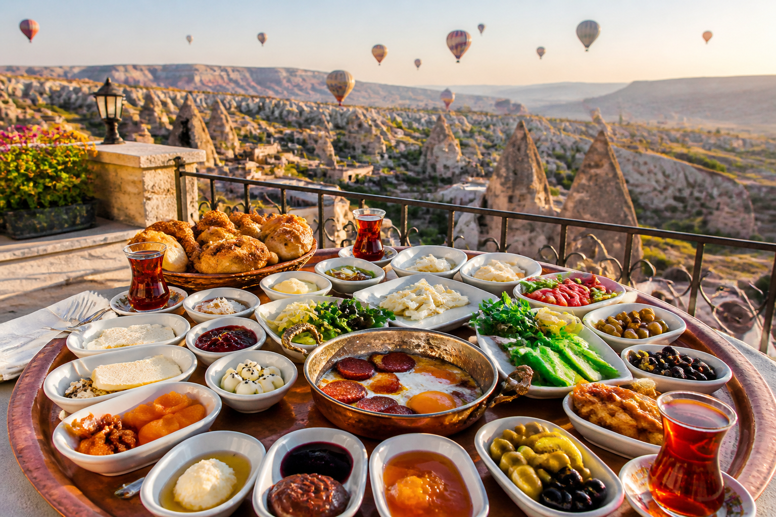 Detailed () overhead bird's-eye view of a full Turkish breakfast spread (serpme kahvalti) laid out on a large copper tray on
