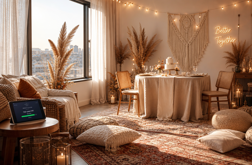 Detailed () image showing a stylish, contemporary Airbnb living space in Gurgaon transformed for a bohemian-themed