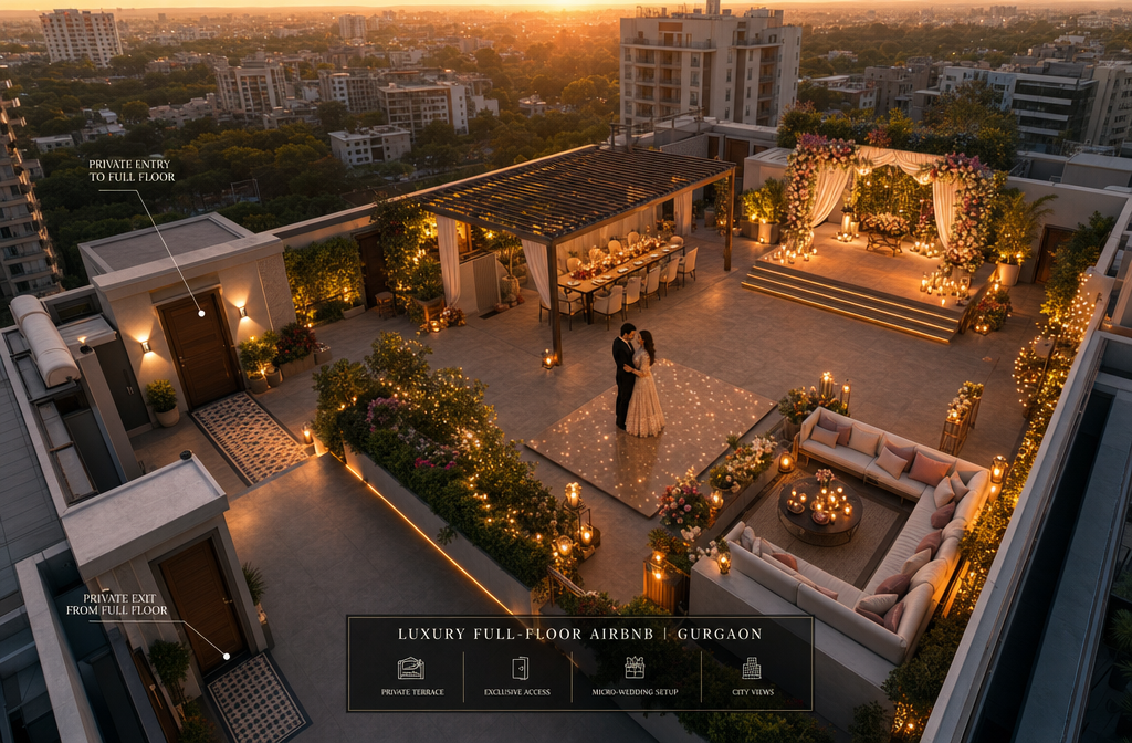 Detailed () image depicting an aerial view of a 'complete floor' Airbnb in Gurgaon, showcasing a private terrace area