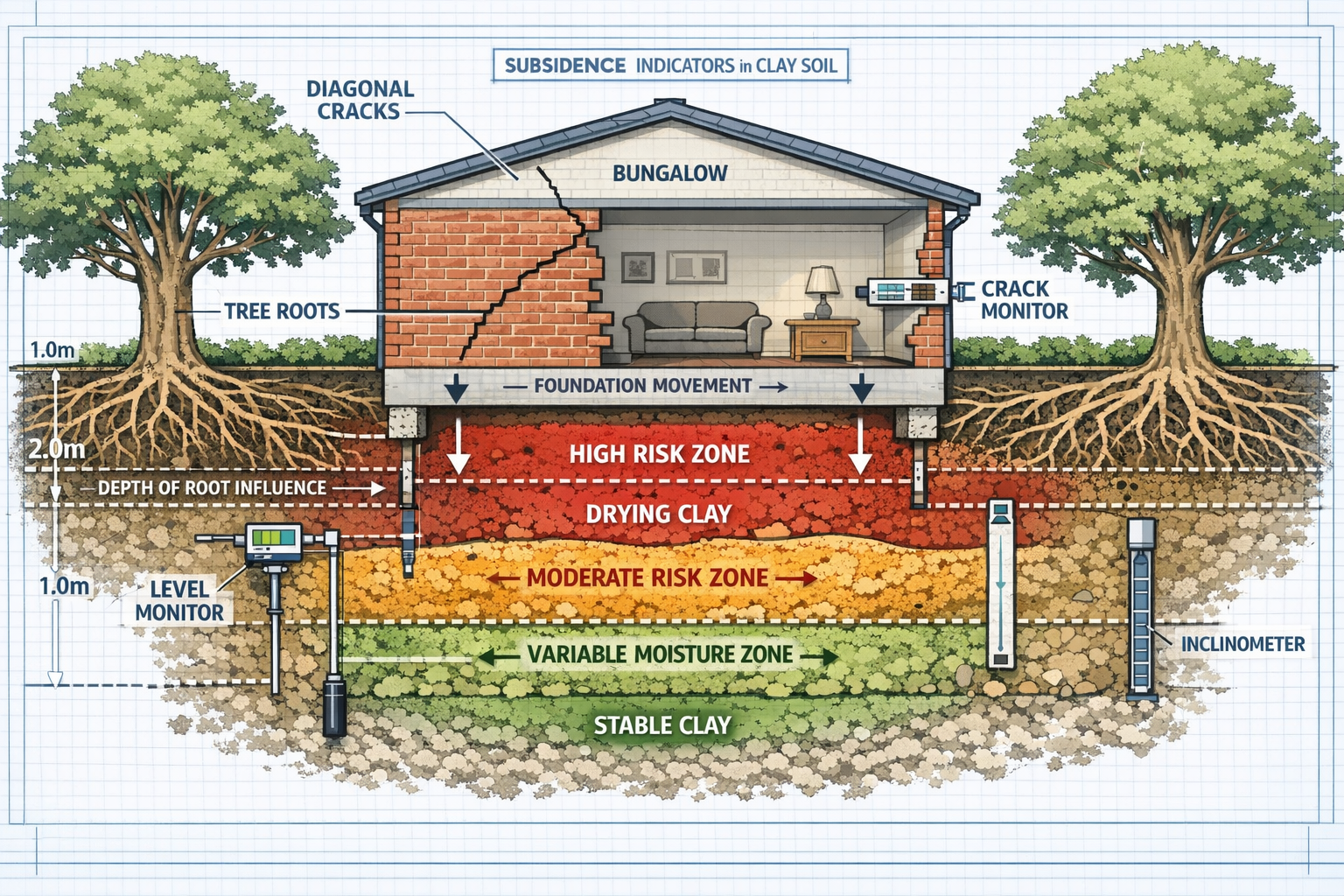 Detailed () technical illustration showing cross-sectional view of bungalow foundation in clay soil with labeled subsidence