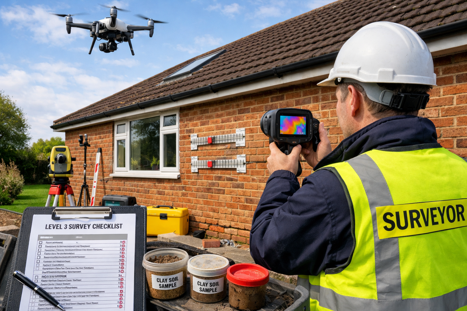 Wide-angle () photograph of chartered surveyor conducting advanced Level 3 inspection on bungalow exterior, using thermal