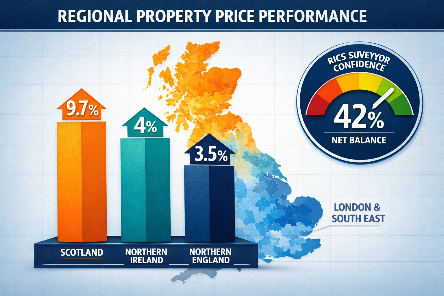 Detailed landscape format (1536x1024) illustration showing comparative regional UK property price performance data visualization. Central fo