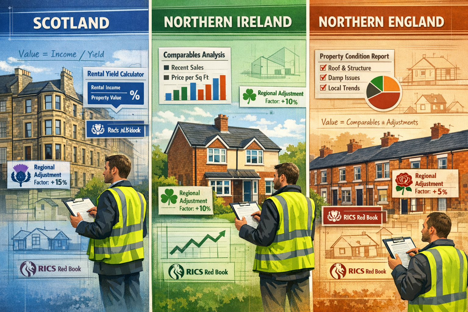 Detailed landscape format (1536x1024) conceptual illustration depicting surveyor methodology differences across UK regions. Split into three