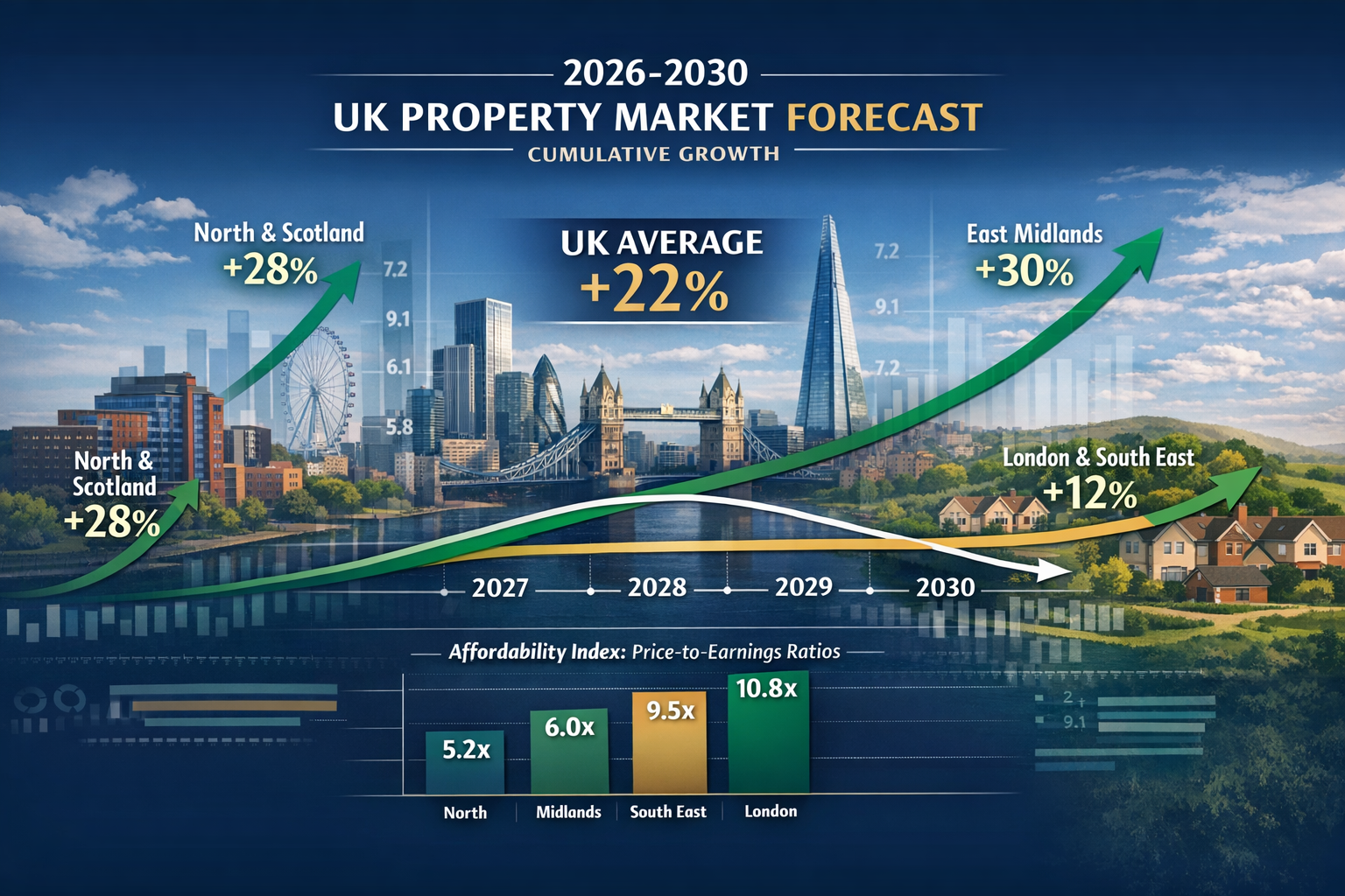 Detailed landscape format (1536x1024) forward-looking illustration showing 2026-2030 UK property market forecast visualization. Central time
