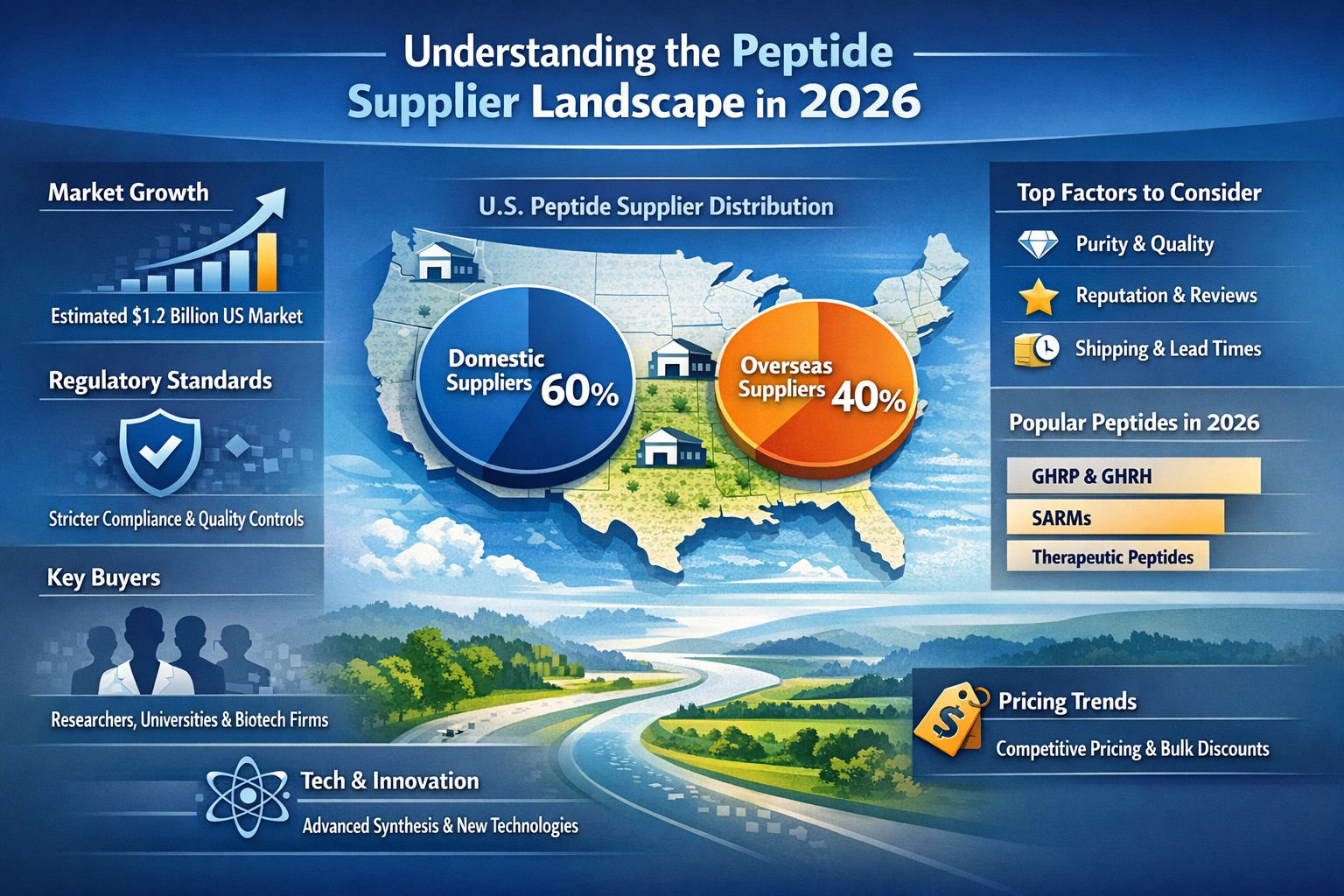 Professional landscape infographic (1536x1024) for article "Peptide Supplier US: The Complete 2026 Guide to Finding Quality Research Peptide