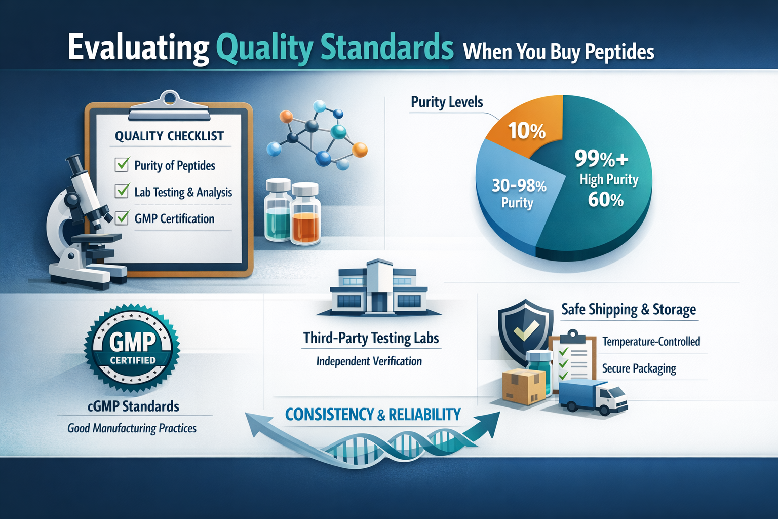 Professional landscape infographic (1536x1024) for article "Peptide Supplier US: The Complete 2026 Guide to Finding Quality Research Peptide