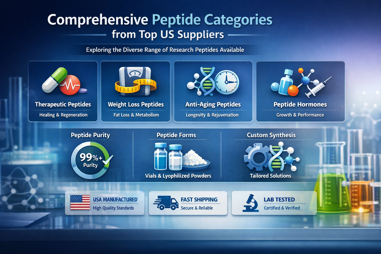 Professional landscape infographic (1536x1024) for article "Peptide Supplier US: The Complete 2026 Guide to Finding Quality Research Peptide