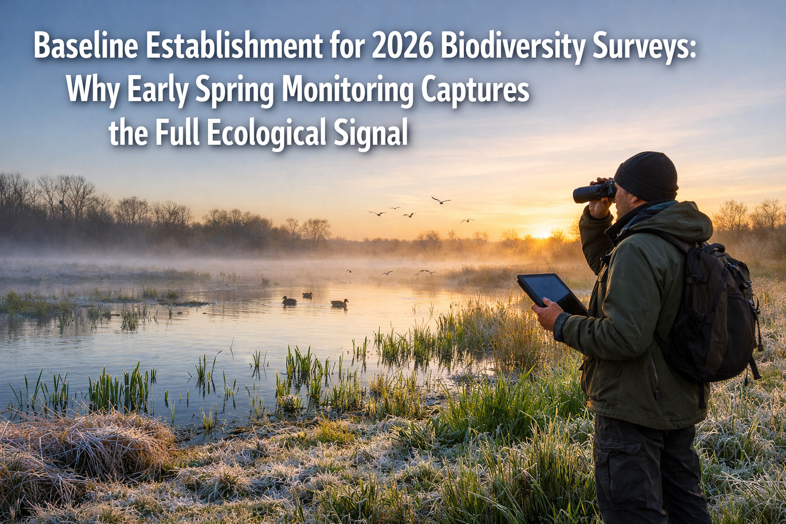 Professional landscape format (1536x1024) hero image featuring bold text overlay 'Baseline Establishment for 2026 Biodiversity Surveys: Why 