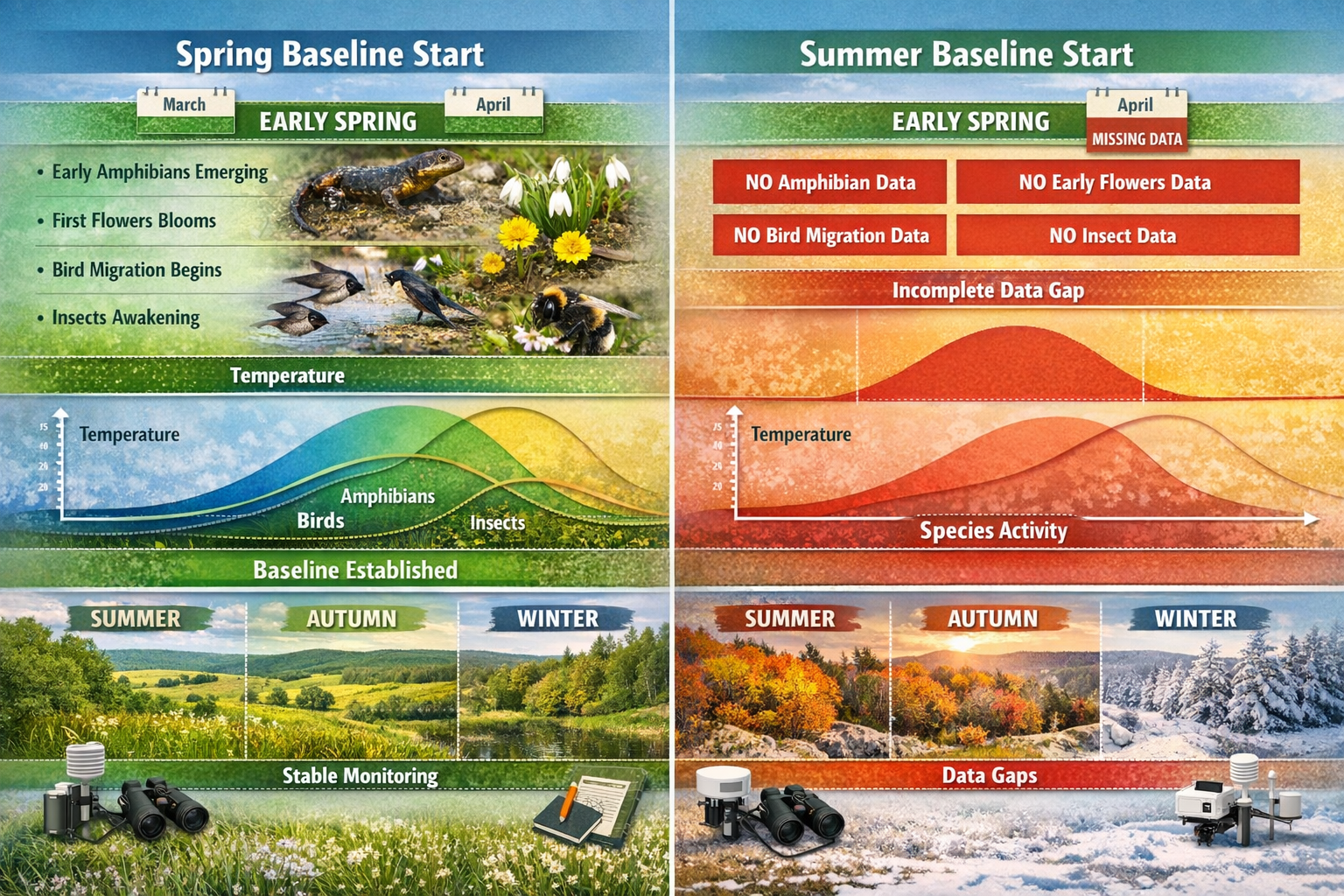 Detailed landscape format (1536x1024) illustration showing seasonal biodiversity activity timeline across spring, summer, autumn, winter wit