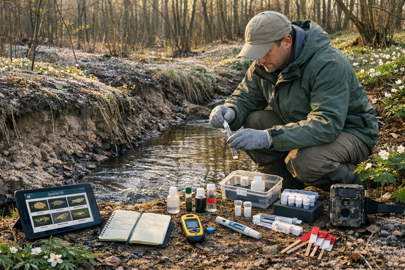 Detailed landscape format (1536x1024) photograph of professional ecologist conducting early spring field survey in diverse habitat. Scene sh