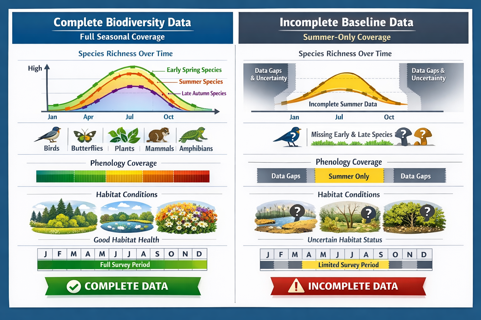 Detailed landscape format (1536x1024) split-panel comparison infographic showing complete seasonal biodiversity data versus incomplete basel