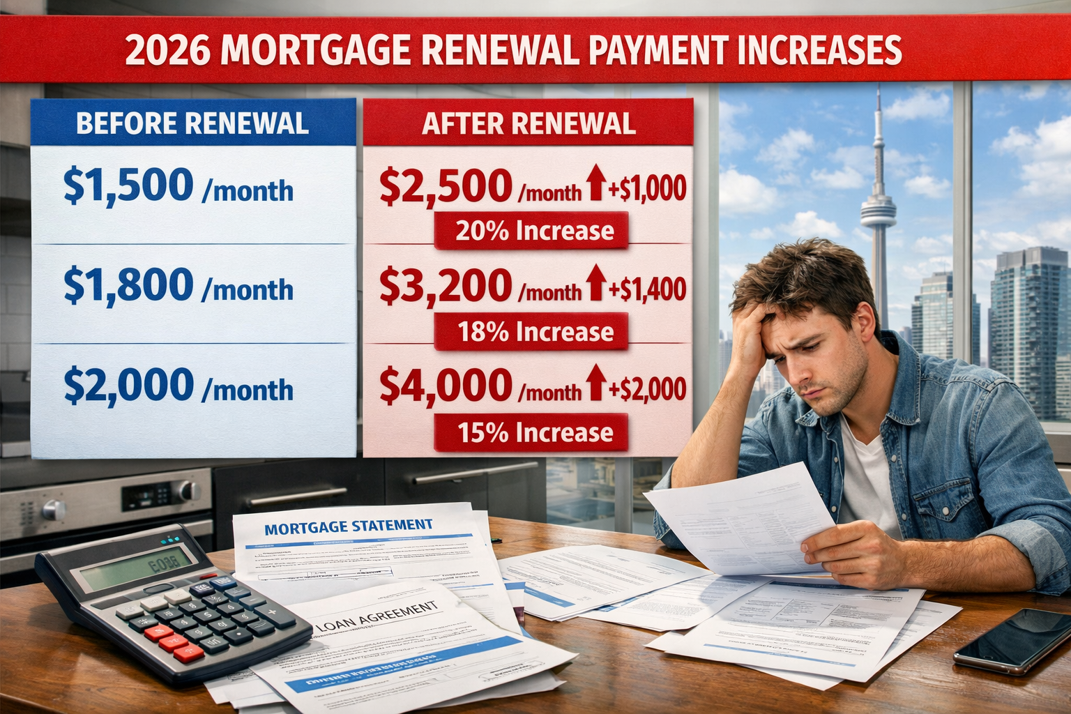 Landscape format (1536x1024) editorial image showing detailed comparison chart of 2026 mortgage renewal payment increases. Visual displays t