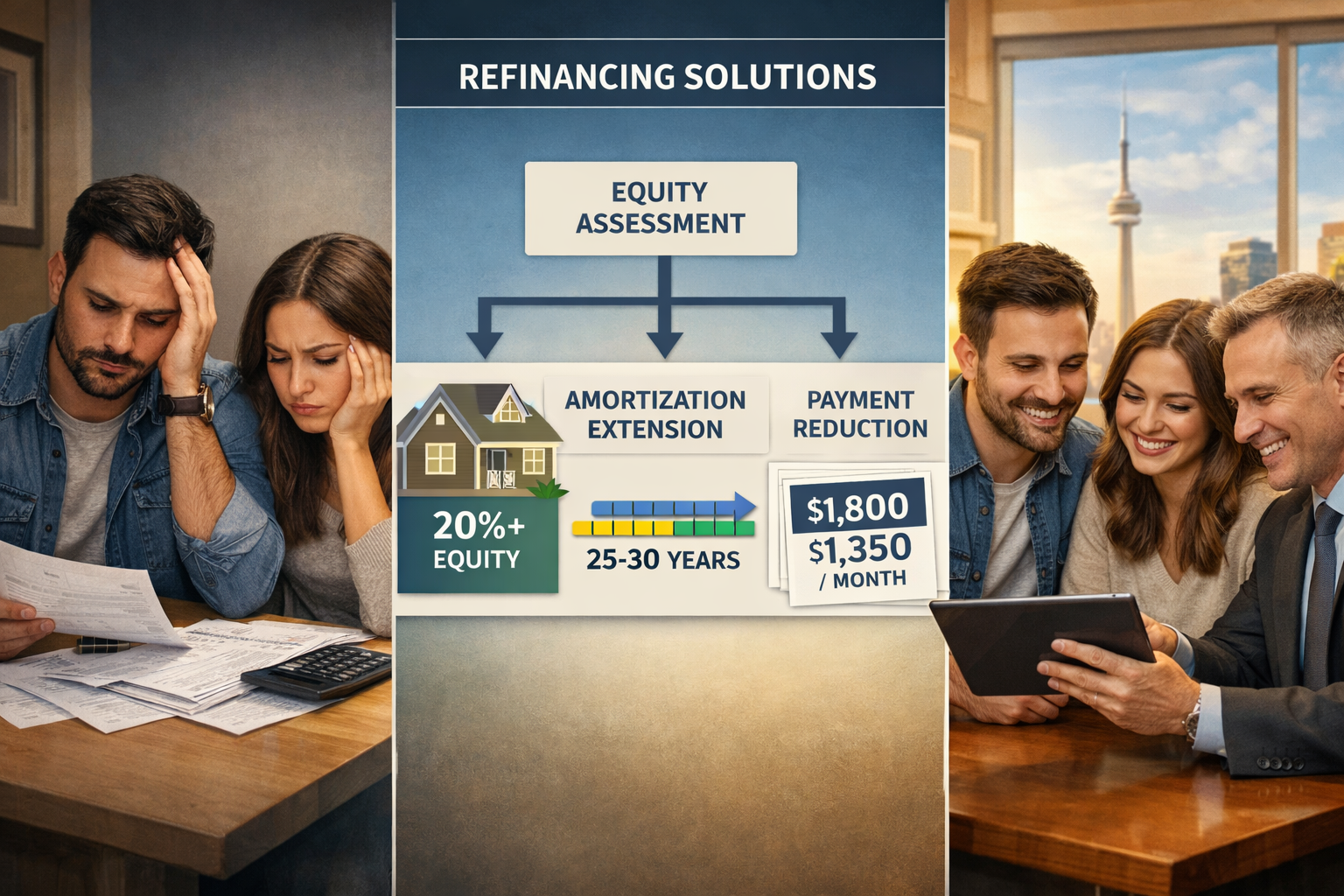 Landscape format (1536x1024) professional image illustrating refinancing process and solutions. Split-screen composition showing left side: