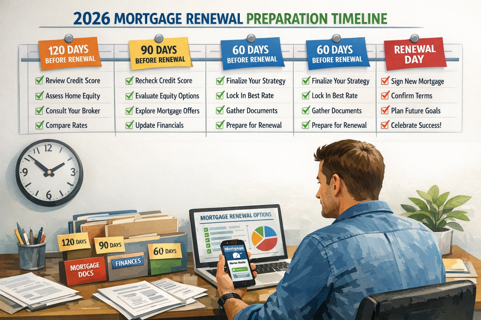 Landscape format (1536x1024) infographic-style image showing actionable timeline for 2026 mortgage renewal preparation. Calendar visual high