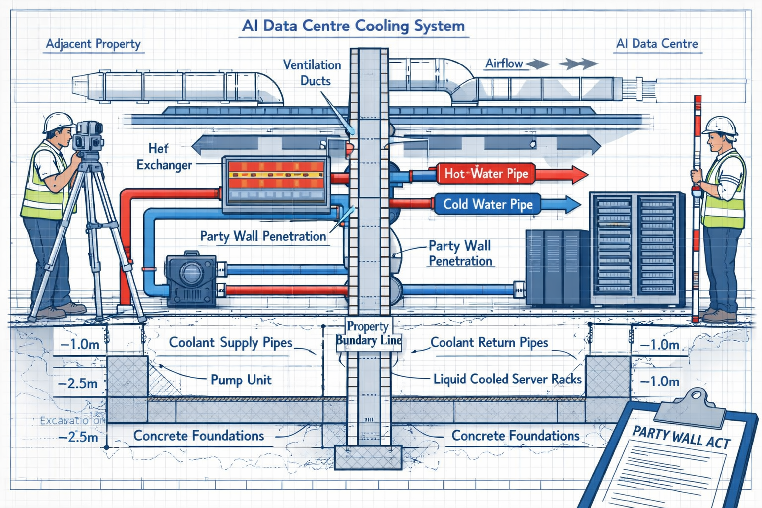 () detailed cutaway technical illustration showing cross-section of modern AI data centre cooling system installation at