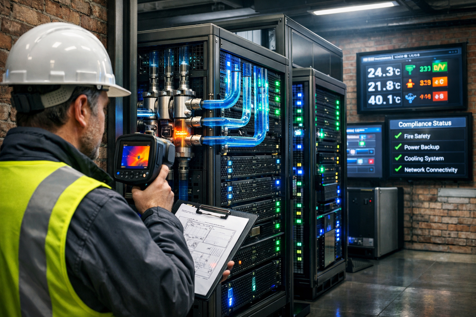 () modern edge computing facility interior showing compact modular data centre pods arranged in urban location near shared