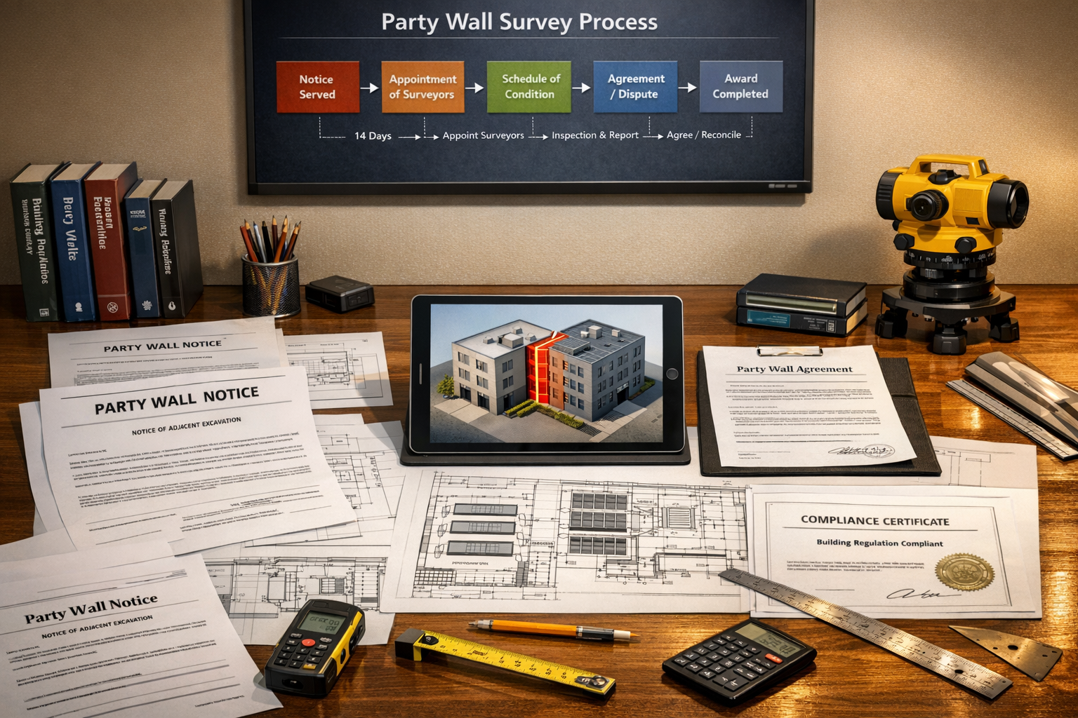 () professional surveyor's office scene showing comprehensive party wall survey documentation spread across large desk.