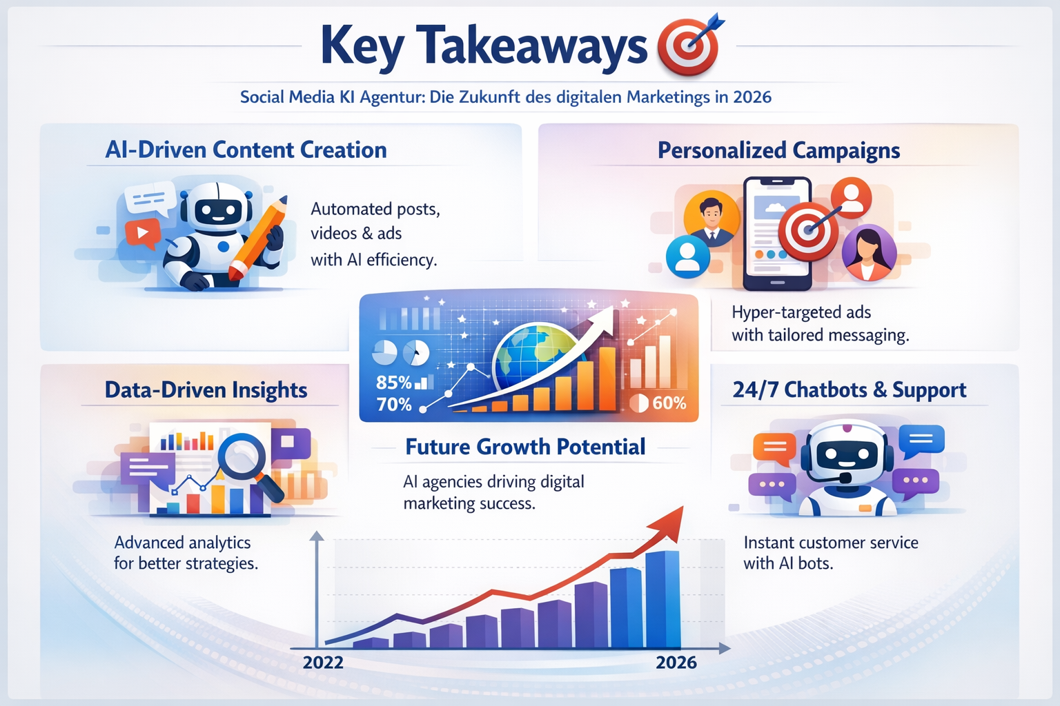 Professional infographic for article "Social Media KI Agentur: Die Zukunft des digitalen Marketings in 2026", section: "Key Takeaways 🎯". I