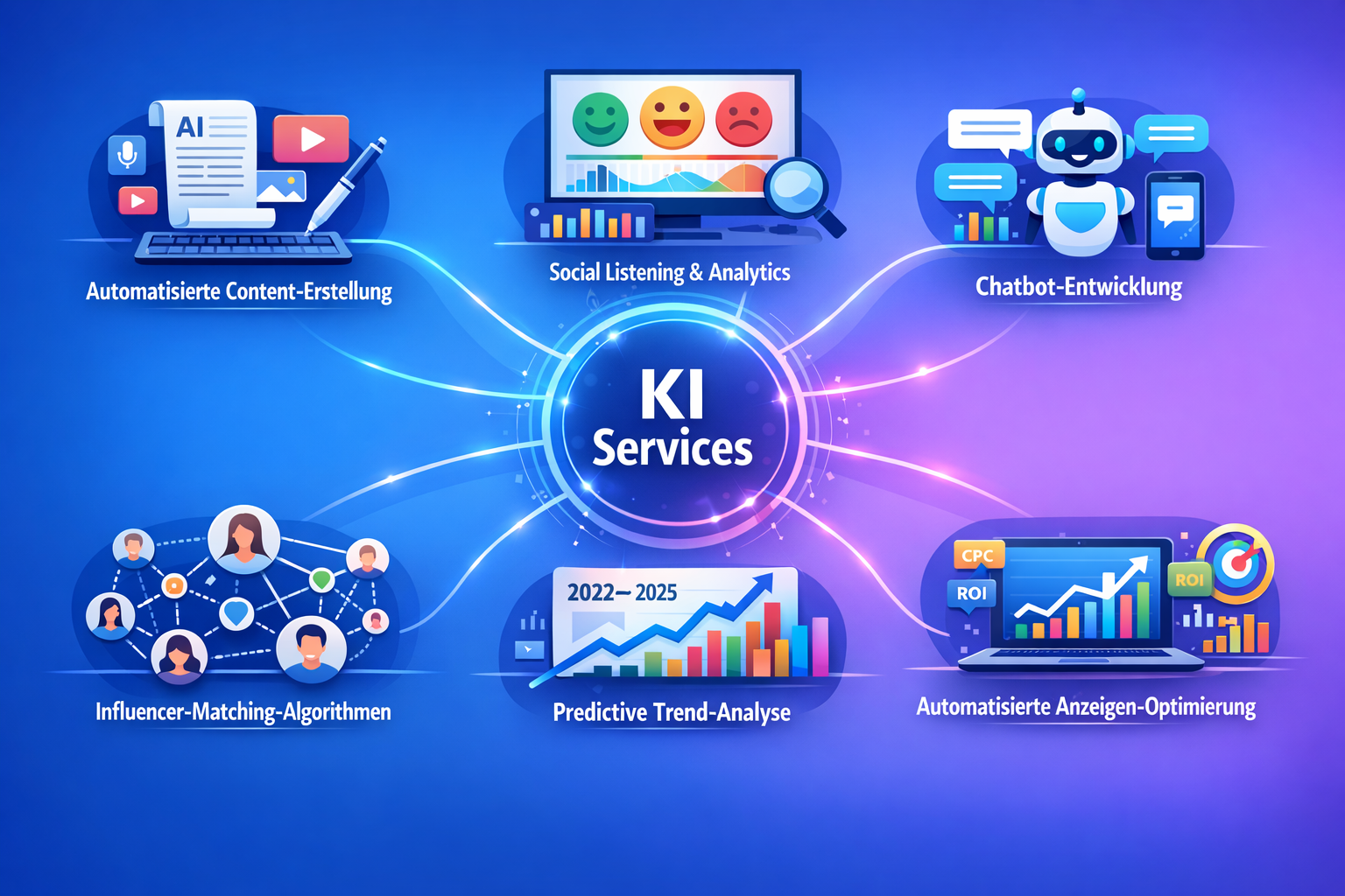 Landscape format (1536x1024) comprehensive service portfolio visualization for Social Media KI Agentur. Central hub design with 'KI Services