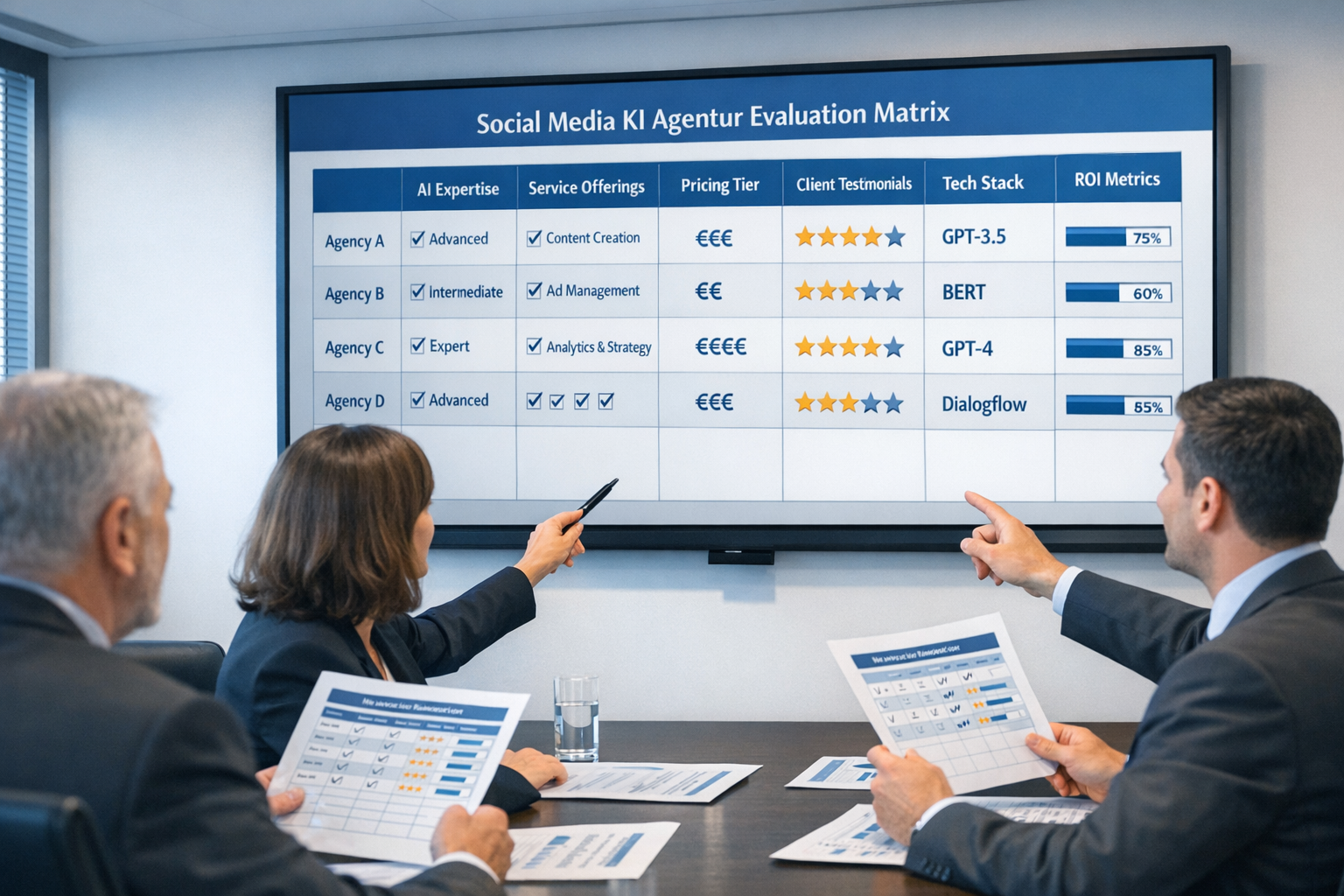 Landscape format (1536x1024) agency selection decision matrix and evaluation framework. Professional boardroom setting with large wall-mount