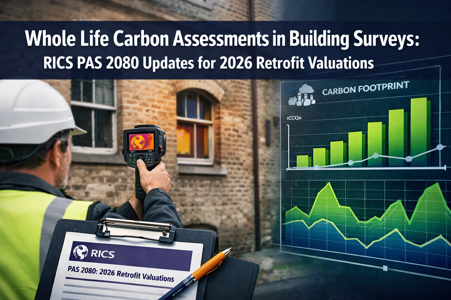 Professional () hero image featuring 'Whole Life Carbon Assessments in Building Surveys: RICS PAS 2080 Updates for 2026